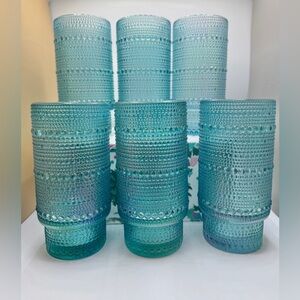 BKLYN Steel Co. Beaded Iridescent Aqua Glass 16 oz Tumblers set (6).